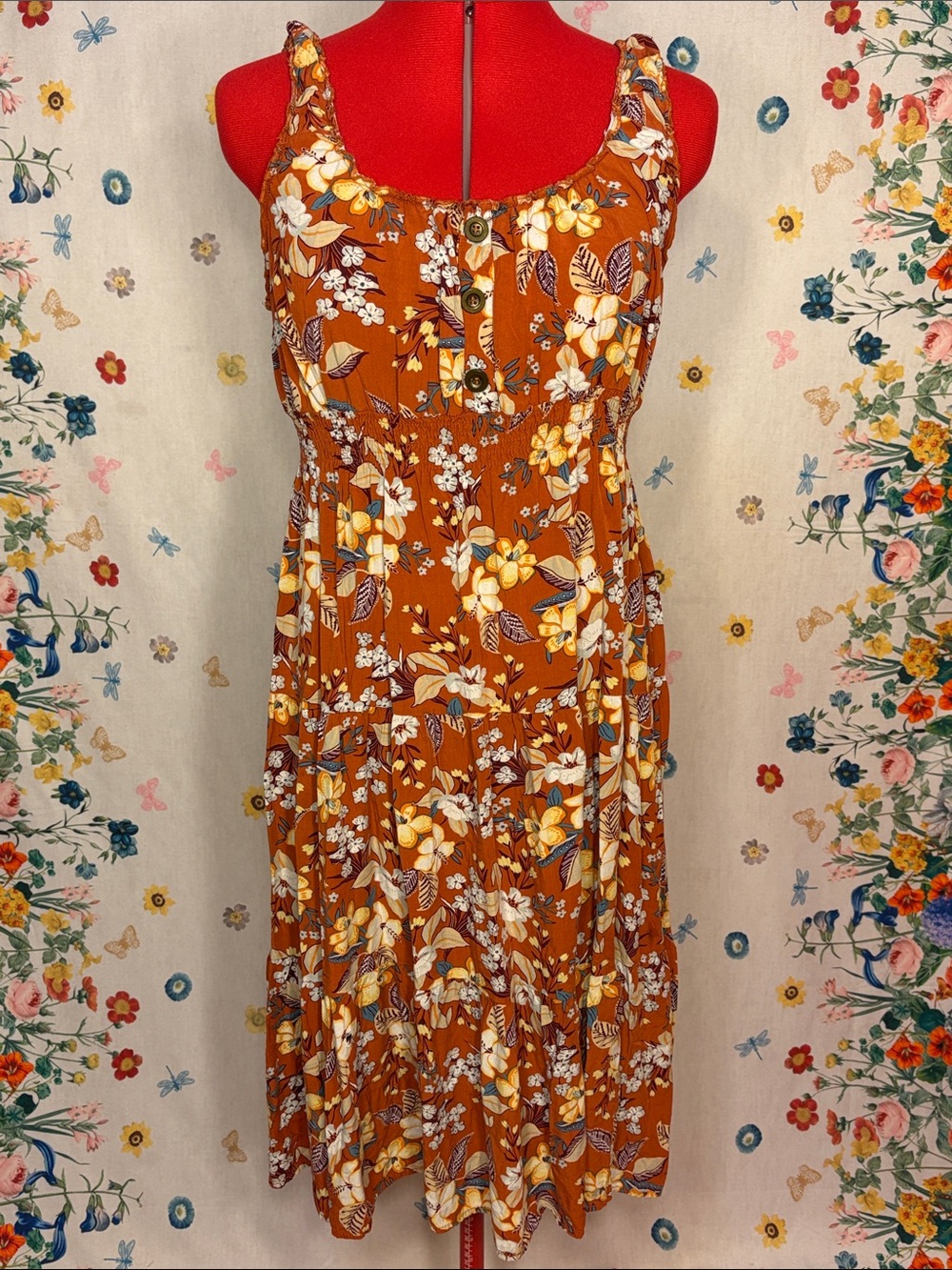 Fall Flirty Floral Button-Front Midi Dress in Rust